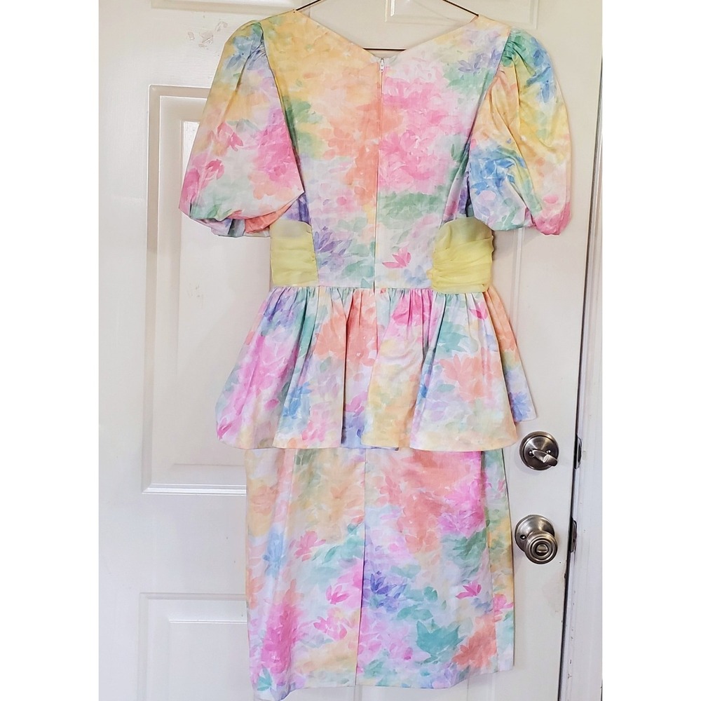Vtg 80s SM Polished Cotton Floral Pastel Dress Cottage Core Puff Sleeves Peplum